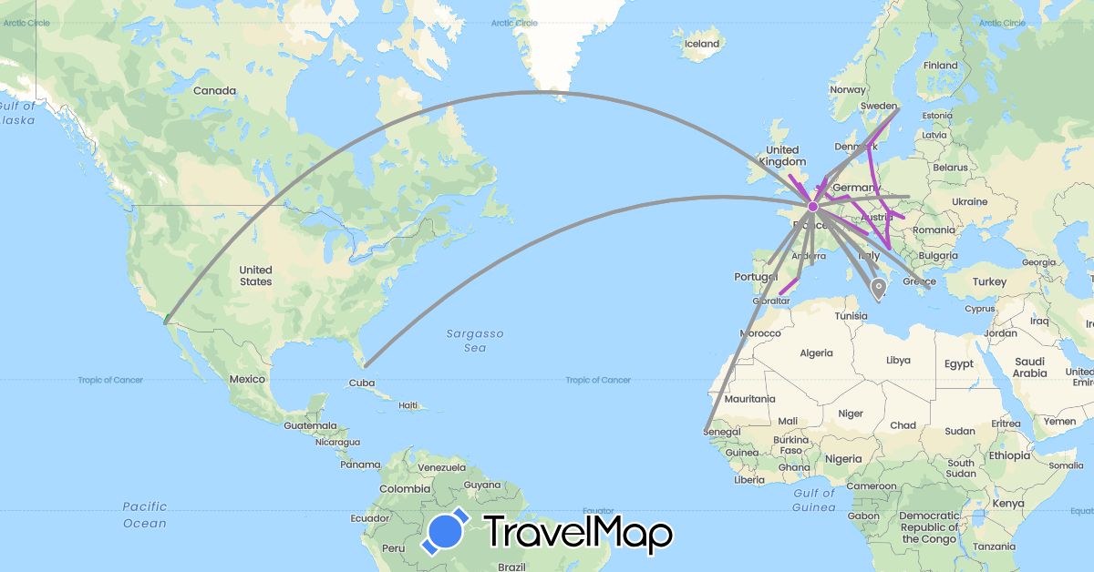 TravelMap itinerary: driving, bus, plane, train in Germany, France, Italy, Malta (Europe)