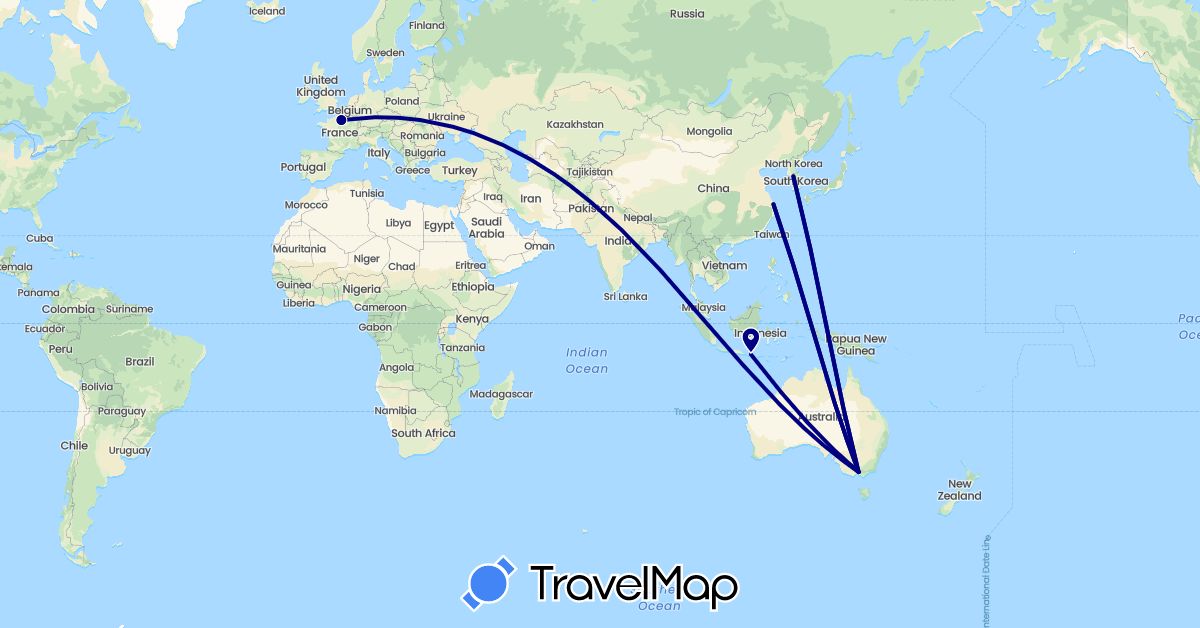 TravelMap itinerary: driving in Australia, China, France, Indonesia, South Korea (Asia, Europe, Oceania)